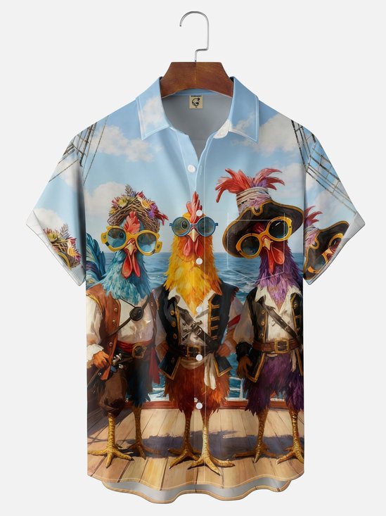 Moisture Wicking Pirate Chicken Chest Pocket Holiday Hawaiian Shirt