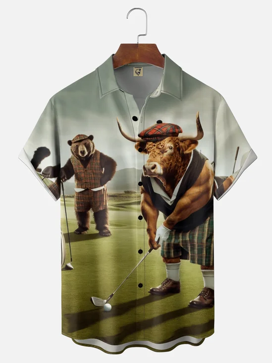 Moisture Wicking Fun Bull and Bear Golf Chest Pocket Holiday Hawaii Shirt