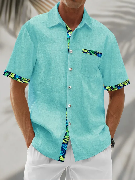 Linen Texture Plant Based Solid Color Patchwork Chest Pocket Holiday Hawaiian Shirt