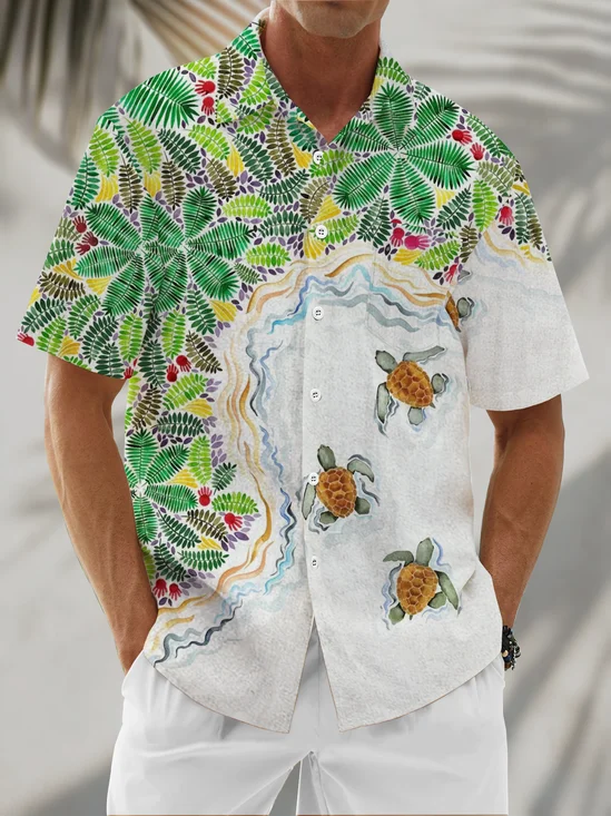 Linen Texture Plant Turtle Chest Pocket Holiday Hawaiian Shirt