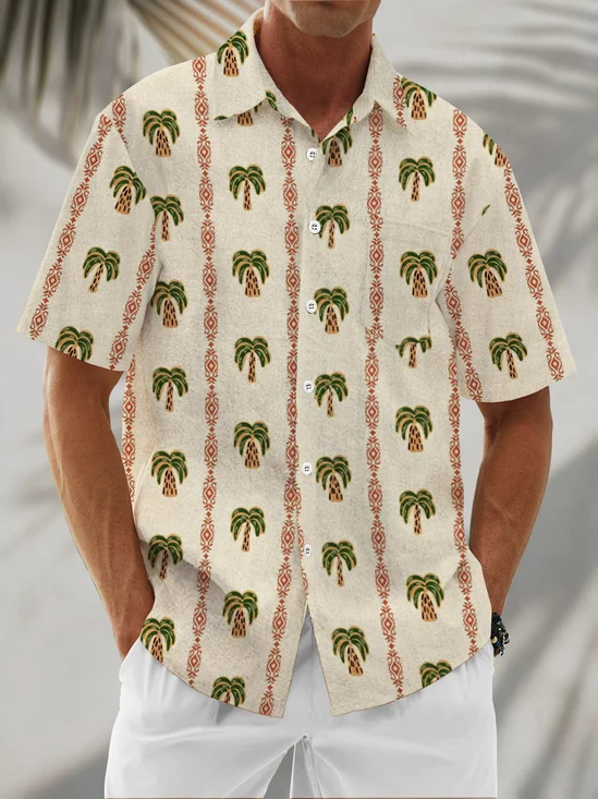 Linen Texture Coconut Tree Stripes Chest Pocket Holiday Hawaiian Shirt