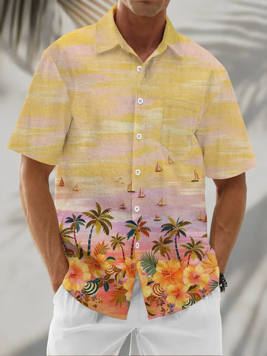Linen Texture Coconut Tree Floral Chest Pocket Holiday Hawaiian Shirt