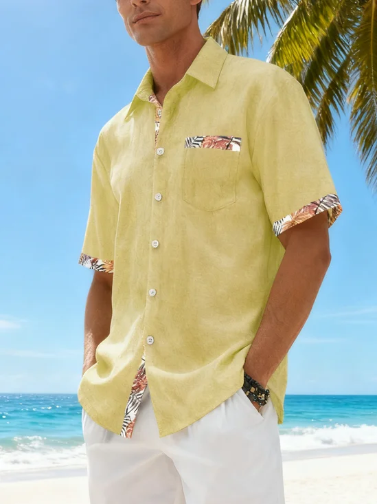 Linen Texture Plant-Based Solid Color Patchwork Chest Pocket Holiday Hawaiian Shirt