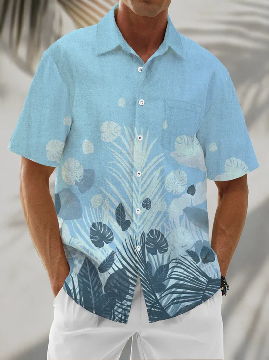 Linen Texture Gradient Plant Design Chest Pocket Holiday Hawaiian Shirt
