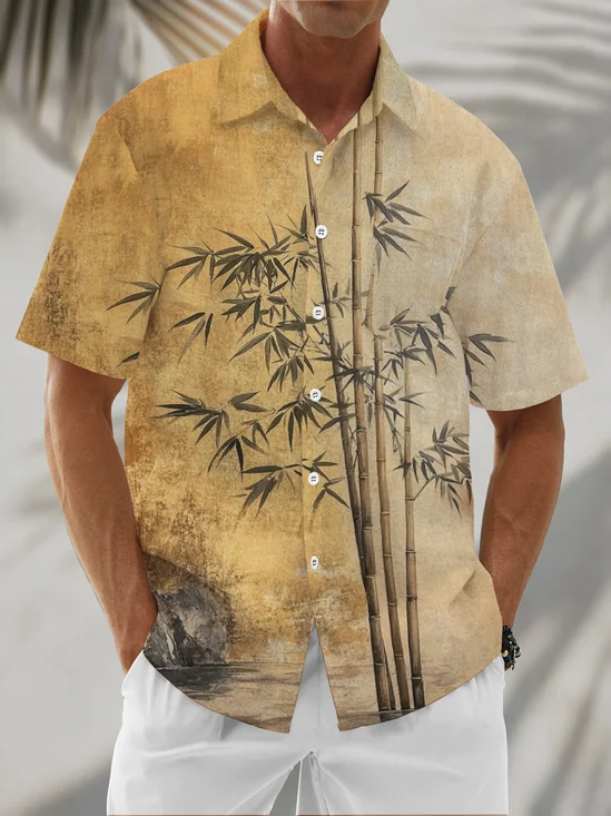 Linen Texture Vintage Bamboo Chest Pocket Holiday Hawaiian Shirt