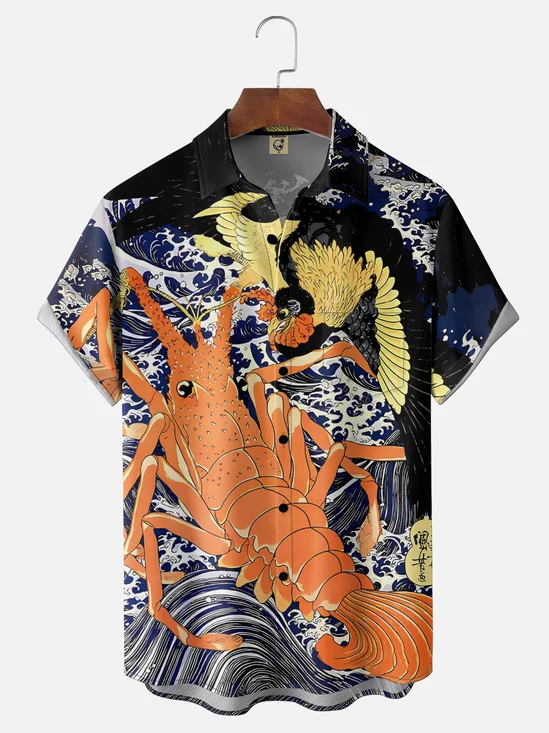 Moisture Wicking Ukiyo-e Lobster Slogan Chest Pocket Holiday Hawaii Shirt