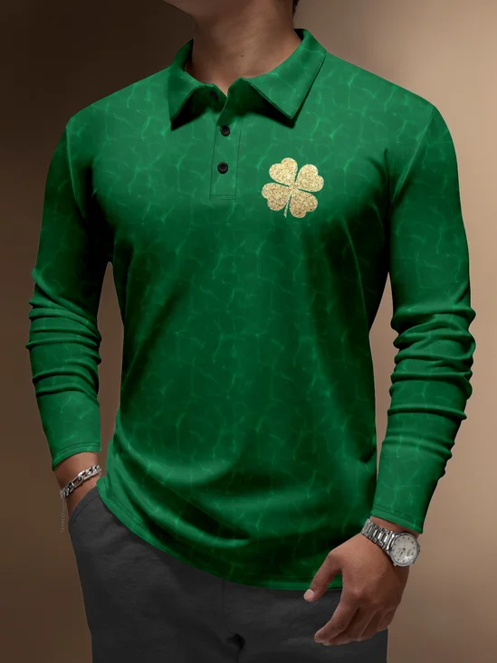 Moisture Wicking St. Patrick's Day Four-Leaf Clover Gradient Abstract Stripes Long Sleeve Golf Polo