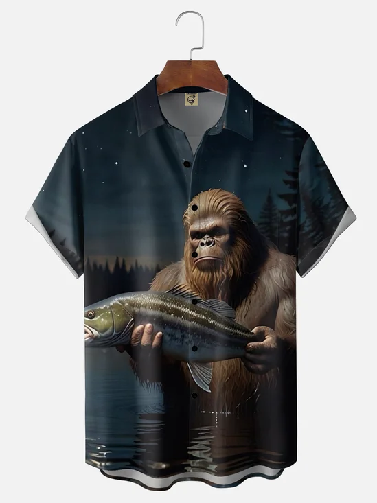 Moisture-wicking Bigfoot Fishing Adventure Chest Pocket Hawaiian Shirt