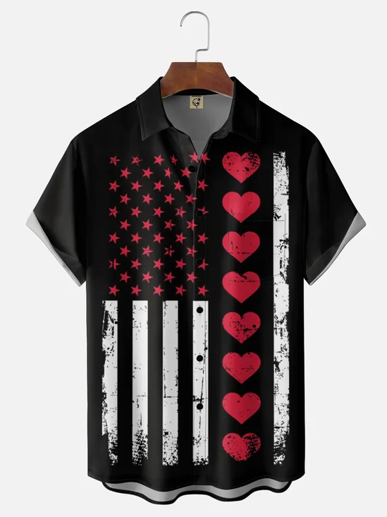 Moisture Wicking Valentine's Day Heart Flag Slogan Chest Pocket Holiday Hawaii Shirt