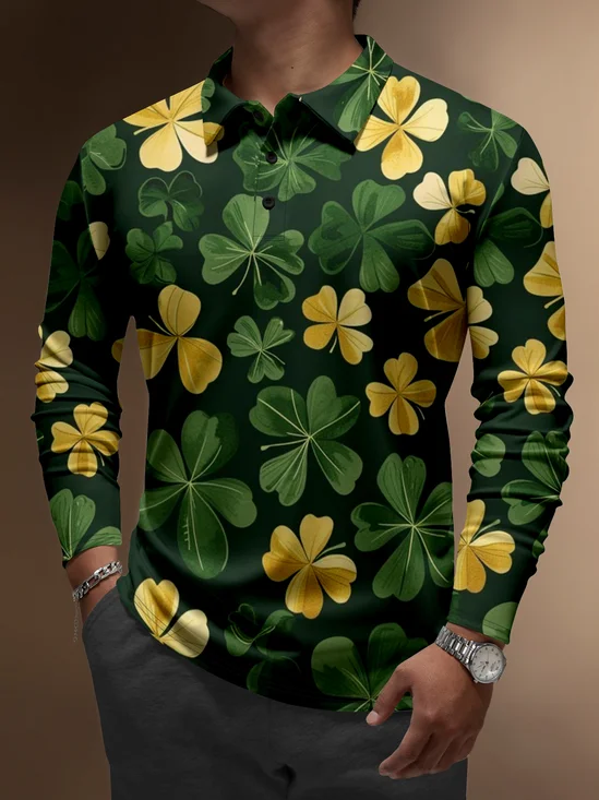 Moisture Wicking St. Patrick's Day Four-Leaf Clover Gradient Long Sleeve Golf Polo