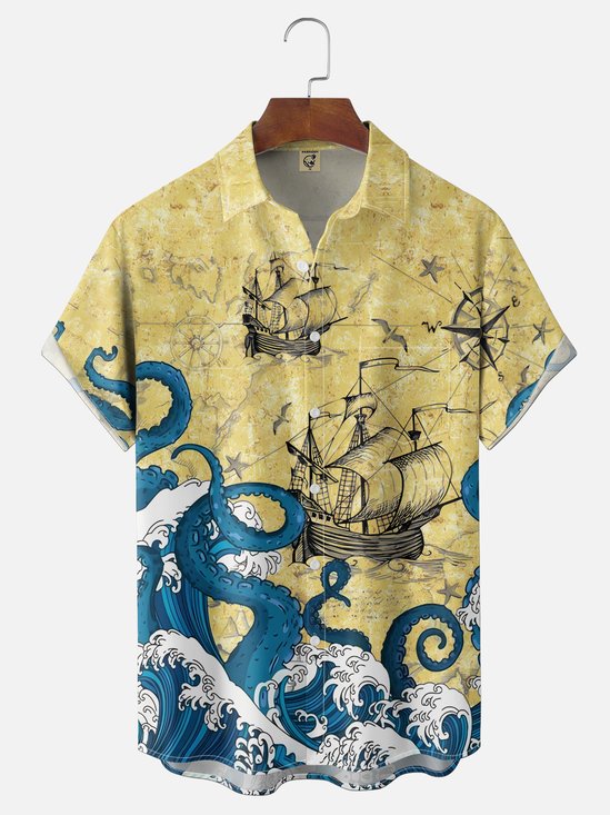Moisture Wicking Retro Map Octopus Slogan Chest Pocket Holiday Hawaii Shirt
