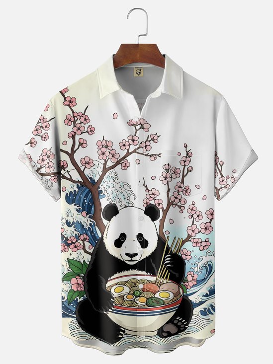 Moisture Wicking Ukiyo-e Ramen Panda Slogan Chest Pocket Holiday Hawaii Shirt