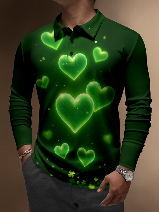 Moisture Wicking St. Patrick's Day Four-Leaf Clover Gradient Colors Heart Long Sleeve Golf Polo