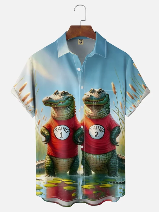 Moisture Wicking Fun Crocodile "THING 1" and "THING 2" Chest Pocket Holiday Hawaii Shirt