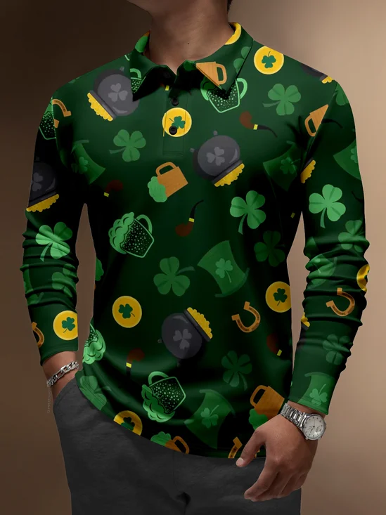 Moisture Wicking St. Patrick's Day Four-Leaf Clover Gradient Colors Gold Coins Beer Long Sleeve Golf Polo