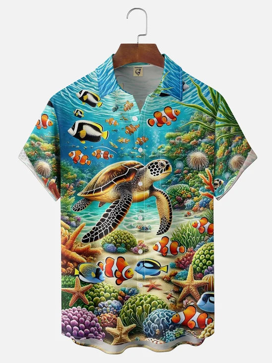 Moisture Wicking Underwater World Sea Turtle Slogan Chest Pocket Holiday Hawaii Shirt