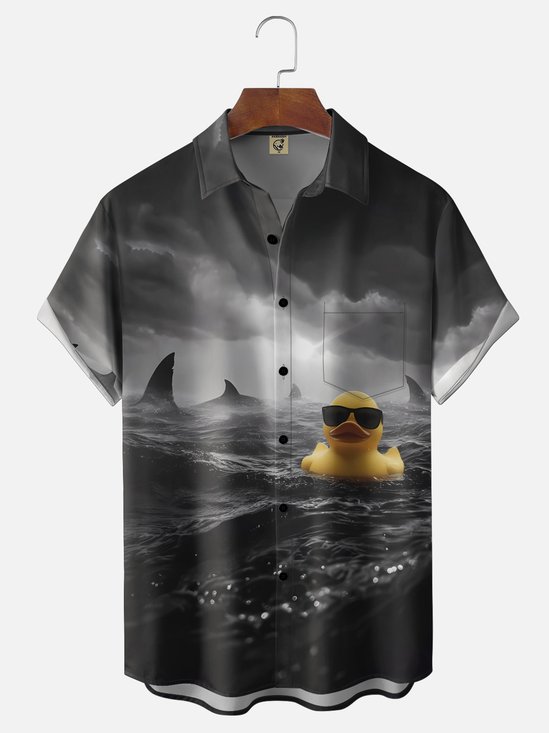 Moisture-wicking Ocean Yellow Duck Shark Chest Pocket Casual Shirt