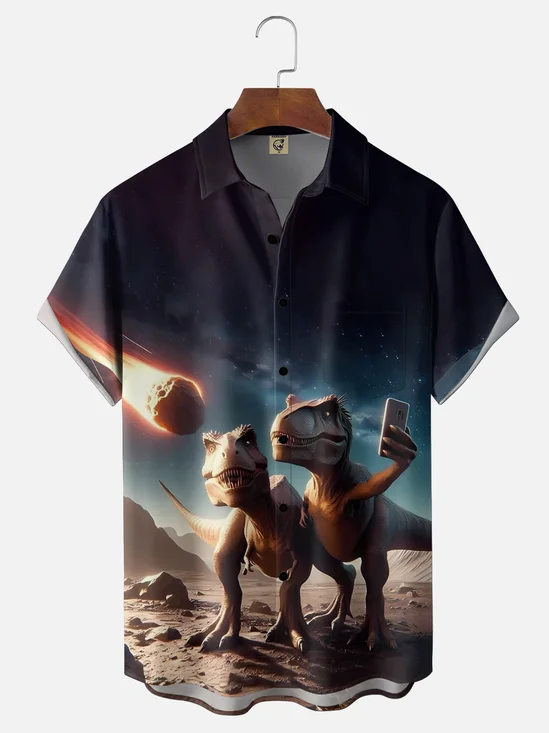 Moisture Wicking Fun Selfie Dinosaur Slogan Chest Pocket Holiday Hawaii Shirt