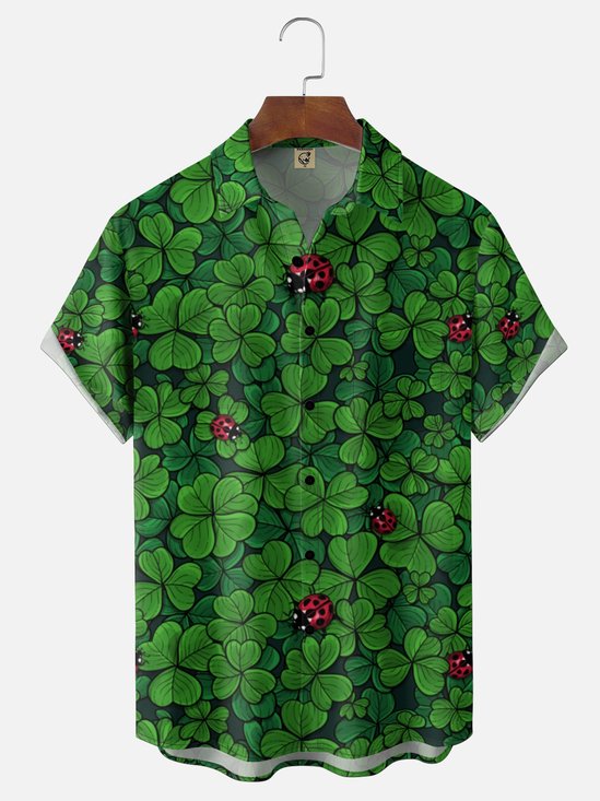 Moisture Wicking St. Patrick's Clover Ladybug Slogan Chest Pocket Holiday Hawaii Shirt