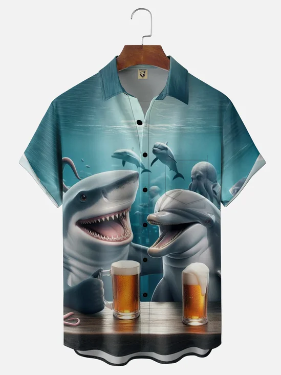 Moisture Wicking Fun Shark Dolphin Beer Slogan Chest Pocket Holiday Hawaii Shirt