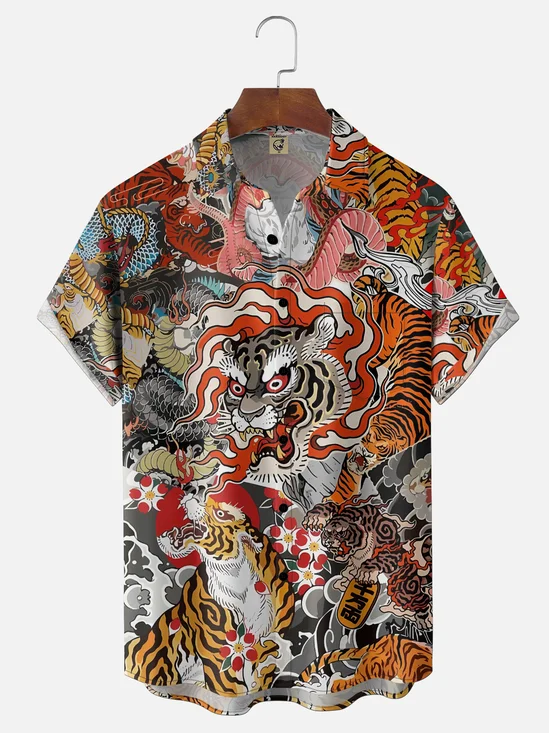 Moisture-wicking Japanese Tiger Tattoo Chest Pocket Casual Shirt