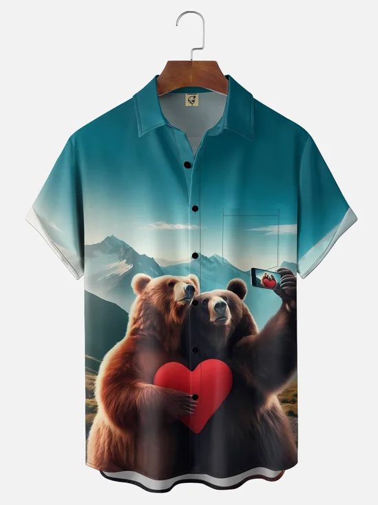 Moisture Wicking Fun Valentine's Day Selfie Bear Slogan Chest Pocket Holiday Hawaii Shirt