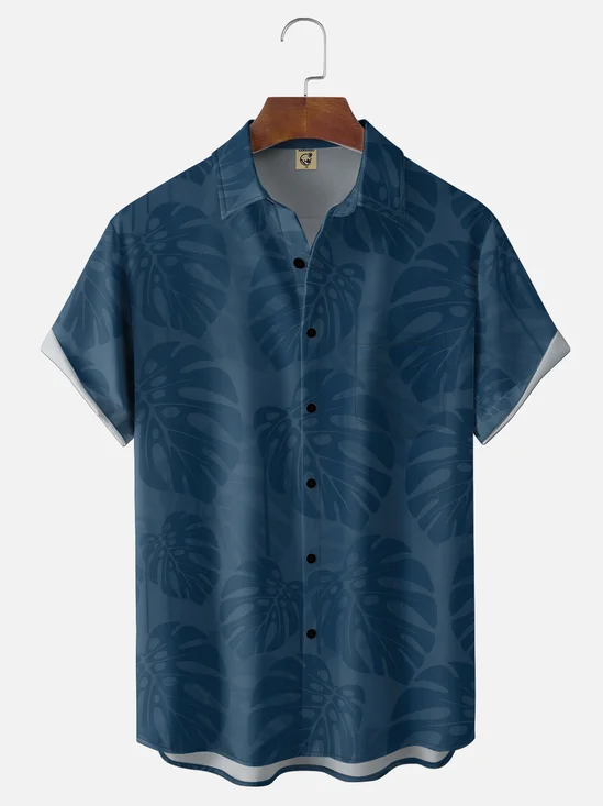 Moisture-wicking Tropical Palm Monstera Chest Pocket Hawaiian Shirt