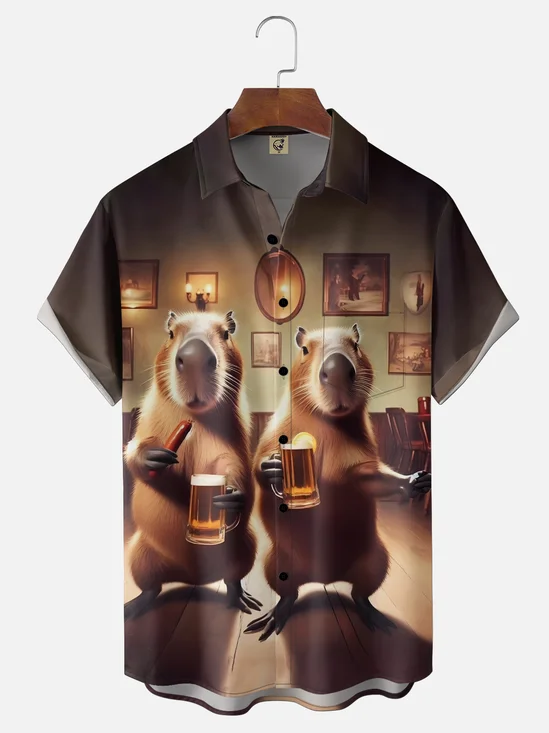Moisture Wicking Funny Gradient Color Capybara Beer Chest Pocket Holiday Shirt
