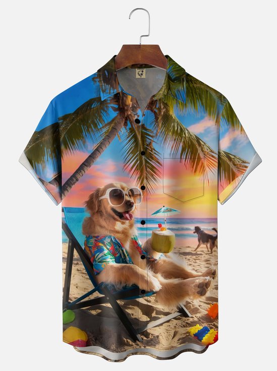 Moisture-wicking Dog Coconut Tree Beach Chest Pocket Hawaiian Shirt