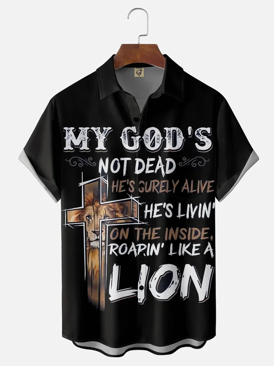 Moisture Wicking God Cross Lion Slogan Chest Pocket Holiday Hawaii Shirt