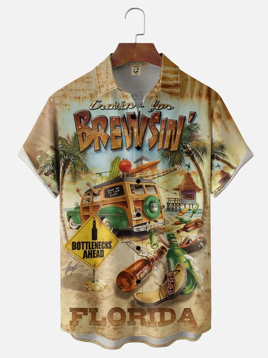 Moisture Wicking Florida Liquor Slogan Chest Pocket Holiday Hawaii Shirt