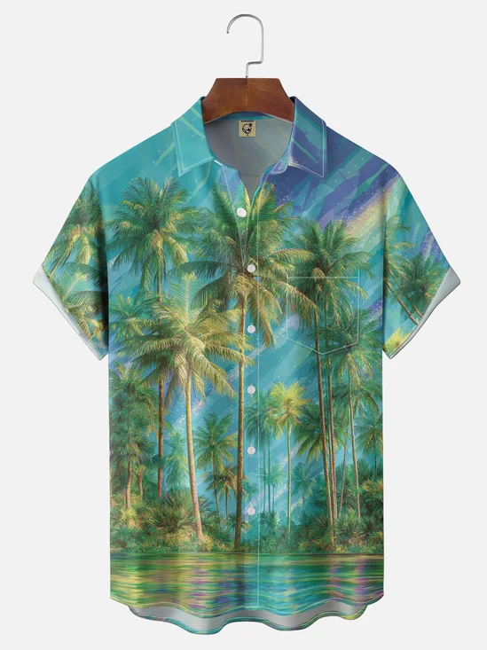 Moisture Wicking Gradient Coconut Tree Chest Pocket Holiday Hawaii Shirt