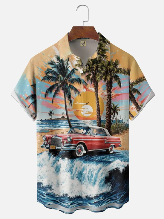 Moisture Wicking Sunset Hawaiian Vintage Car Coconut Tree Chest Pocket Holiday Hawaiian Shirt