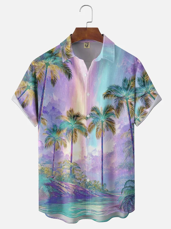 Moisture Wicking Gradient Coconut Tree Chest Pocket Holiday Hawaii Shirt