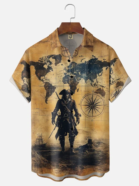 Moisture Wicking Vintage Treasure Map Pirate Chest Pocket Holiday Hawaii Shirt