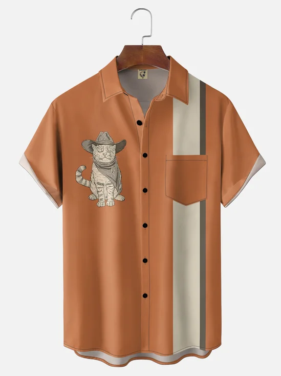 Moisture-Wicking Cat Geometric Chest Pocket Holiday Bowling Shirt