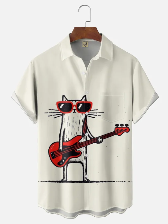Moisture Wicking Funny Cat Guitarist Chest Pocket Holiday Shirt