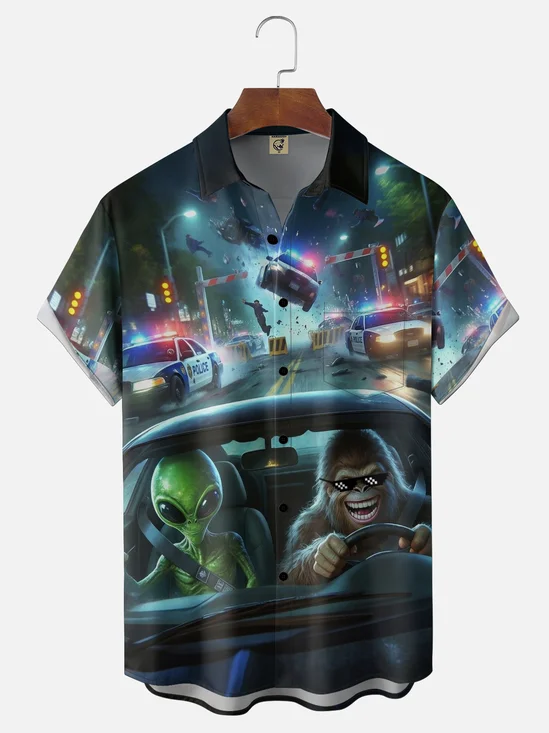 Moisture-wicking Bigfoot Alien Car Chest Pocket Casual Shirt