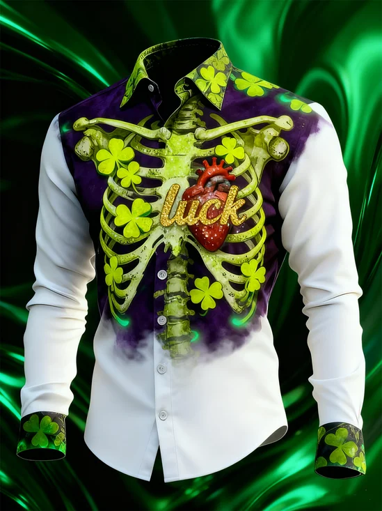 Moisture Wicking St. Patrick's Day Skull Lucky Four Leaf Clover Holiday Hawaii Long-Sleeve Shirt