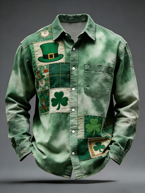 Linen Texture St. Patrick's Day Shamrock Chest Pocket Holiday Hawaiian Long Sleeve Shirt