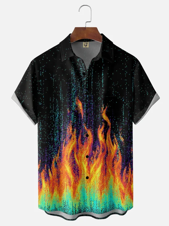 Moisture-wicking Artistic Abstract Flame Chest Pocket Casual Shirt