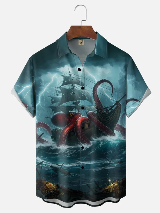 Moisture-wicking Octopus Pirate Ship Treasure Chest Pocket Casual Shirt