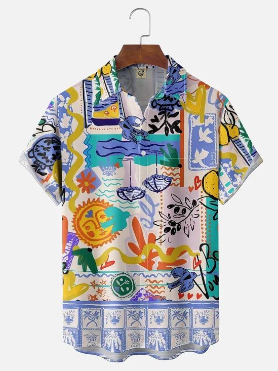 Moisture Wicking Tropical Plants Coconut Tree Geometric Chest Pocket Holiday Shirt