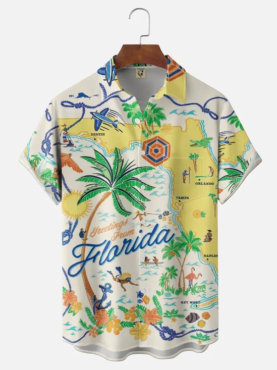 Moisture Wicking Tropical Plants Map Place Names Chest Pocket Holiday Shirt