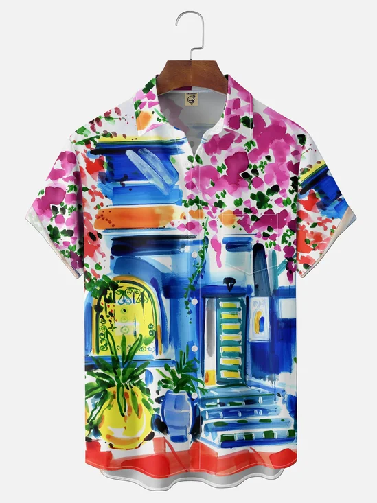 Moisture Wicking Watercolor Painting Tropical Plants Flowers Chest Pocket Holiday Shirt