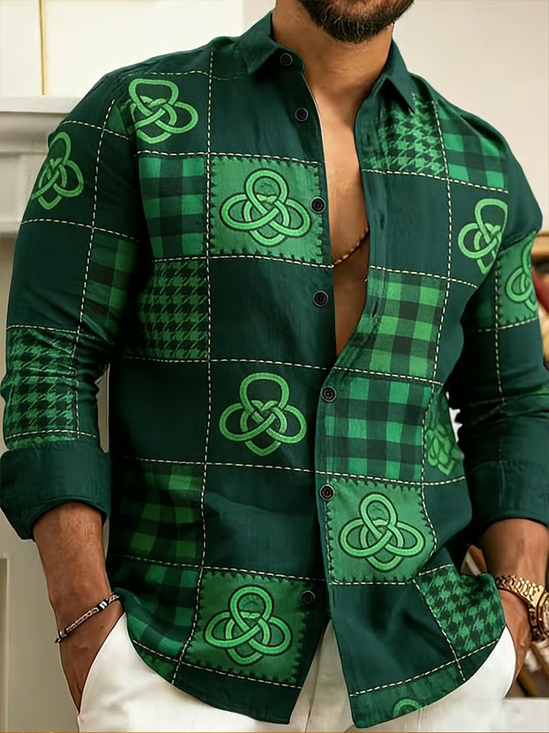 Linen Texture St. Patrick's Day Chest Pocket Holiday Hawaiian Long Sleeve Shirt