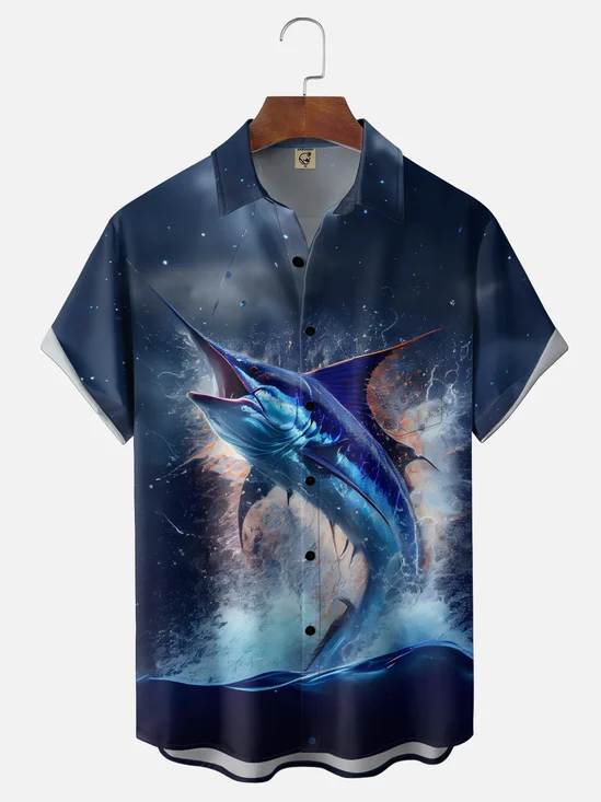 Moisture-wicking Blue Marlin Ocean Chest Pocket Casual Shirt