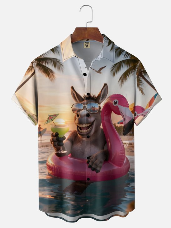 Tall Size Moisture-wicking Donkey Flamingo Coconut Tree Beach Chest Pocket Hawaiian Shirt