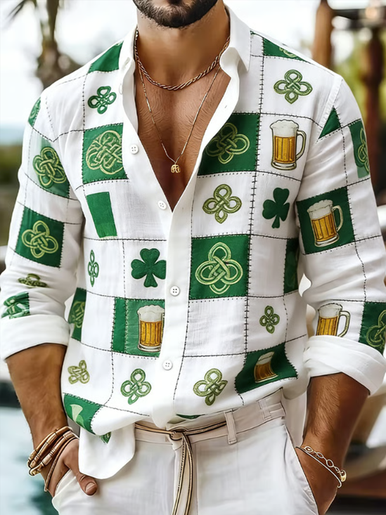 Linen Textured St. Patrick's Day Retro Check Chest Pocket Holiday Long Sleeve Shirt