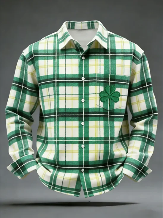 Linen Textured St. Patrick's Day Retro Check Chest Pocket Holiday Long Sleeve Shirt